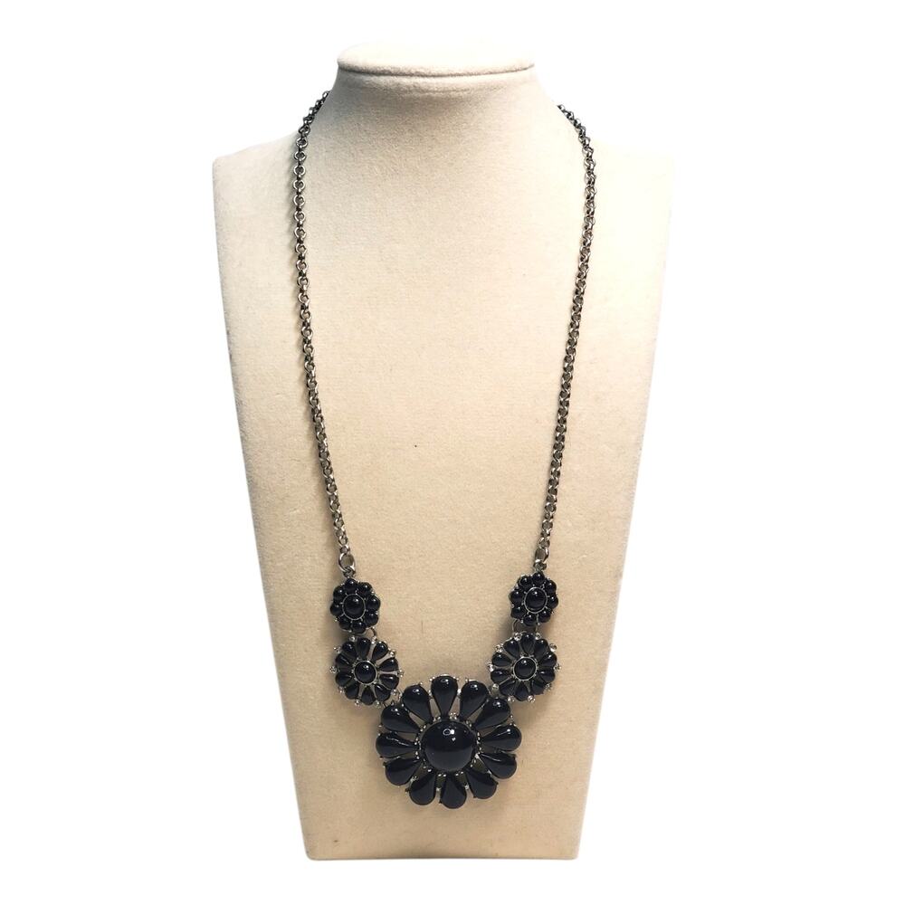 Black Flower Silver Tone 18" Unsigned Lobster Closure Necklace Mourning